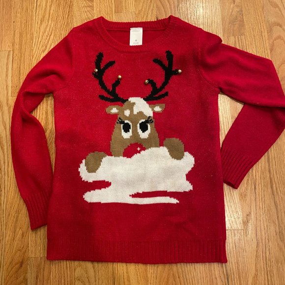 Sweaters - Women’s Red Reindeer Jingle Bells Metallic Shimmer Christmas Sweater Size Sm 4-6